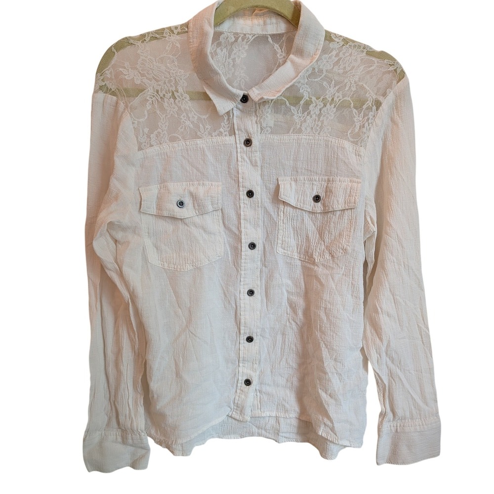 Mudd White Cotton Gauze Lace‎ Yoke Button Down Shirt Juniors XL Long Sleeve